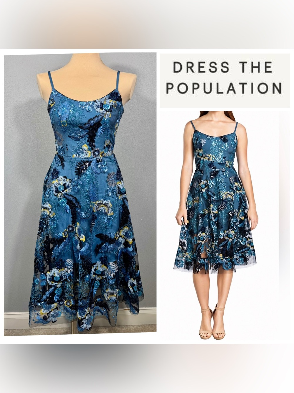 Dress the Population UMALINA Fit and Flare Sequin Midi Dress Mineral Blue